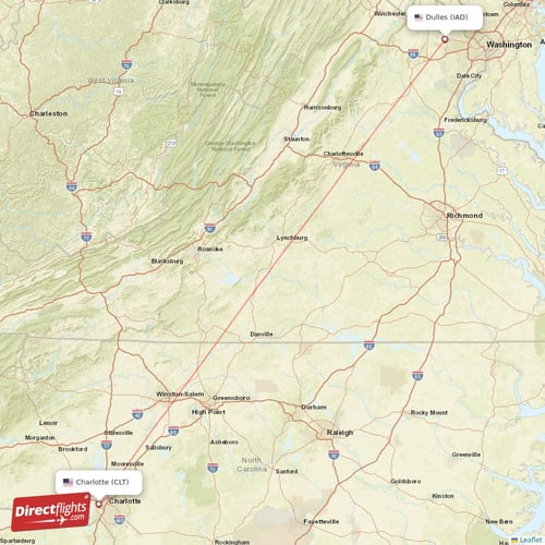 Dulles - Charlotte direct flight map