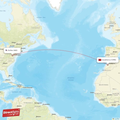 Dulles - Casablanca direct flight map