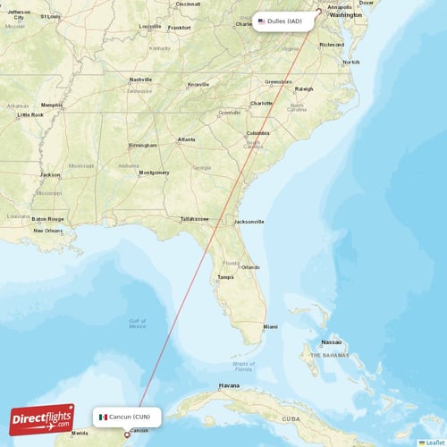 Dulles - Cancun direct flight map