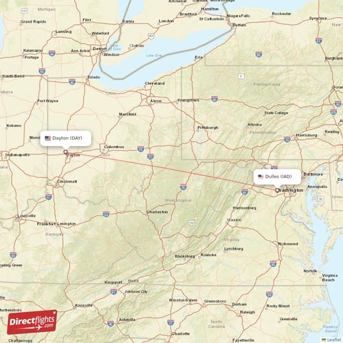 Dulles - Dayton direct flight map