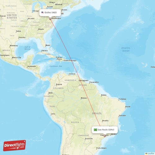 Dulles - Sao Paulo direct flight map