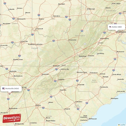 Dulles - Huntsville direct flight map