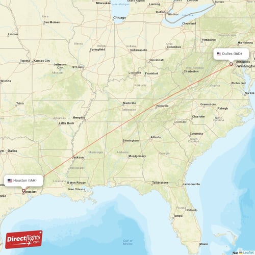Dulles - Houston direct flight map