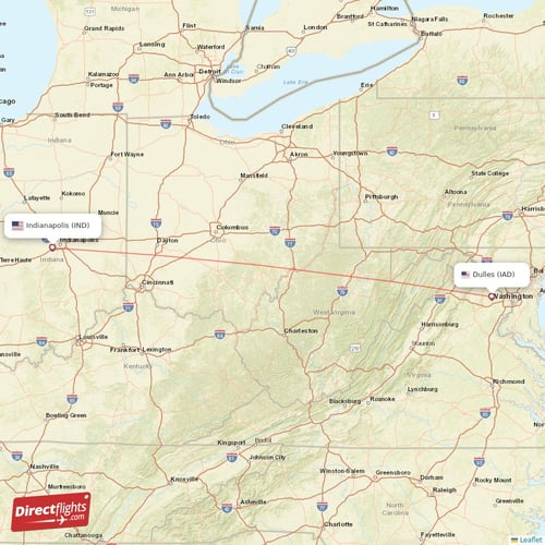 Dulles - Indianapolis direct flight map