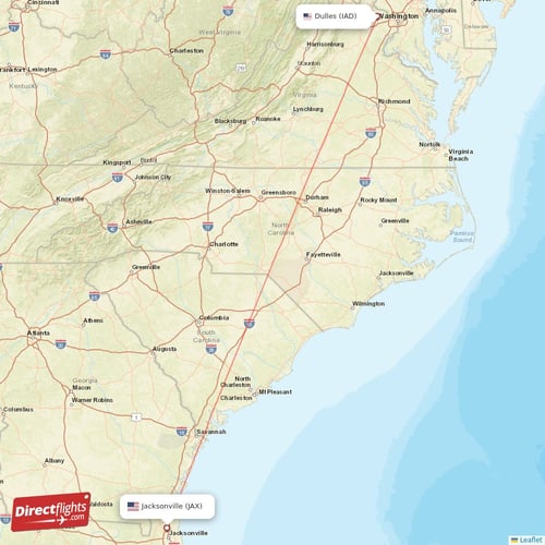 Dulles - Jacksonville direct flight map