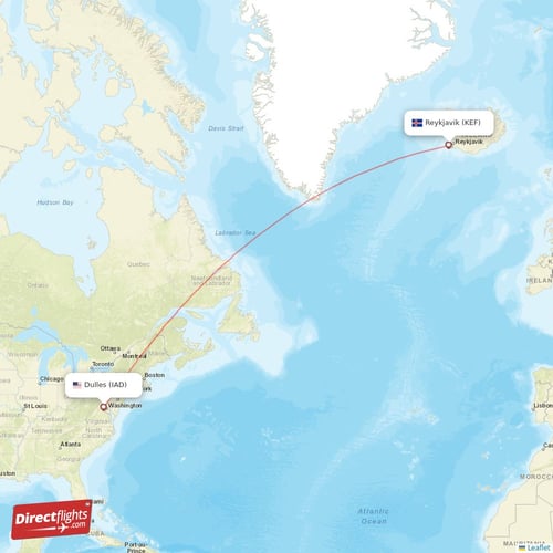 Dulles - Reykjavik direct flight map