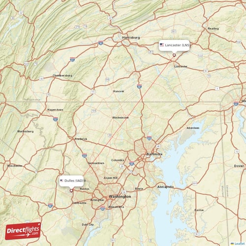 Dulles - Lancaster direct flight map