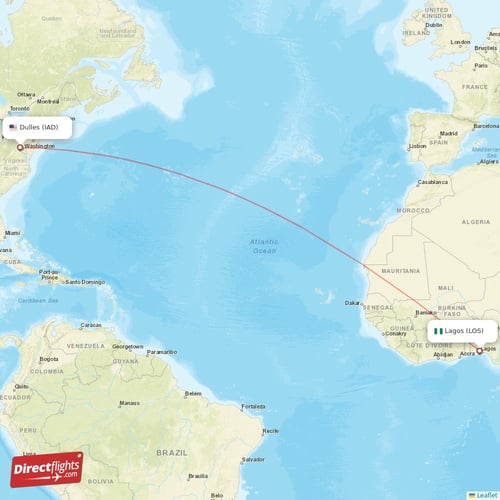 Dulles - Lagos direct flight map