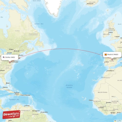 Dulles - Madrid direct flight map