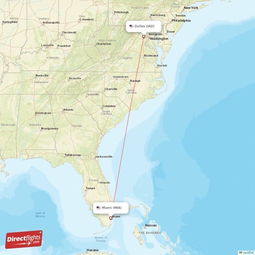 Dulles - Miami direct flight map