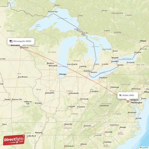 Dulles - Minneapolis direct flight map