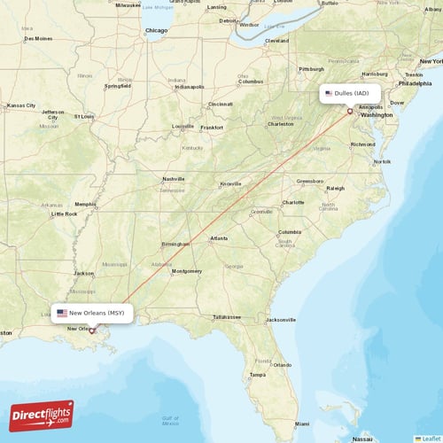 Dulles - New Orleans direct flight map