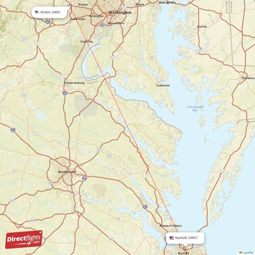 Dulles - Norfolk direct flight map