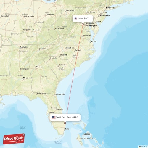 Dulles - West Palm Beach direct flight map