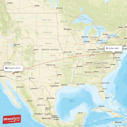 Dulles - Phoenix direct flight map
