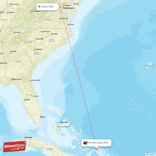Dulles - Providenciales direct flight map