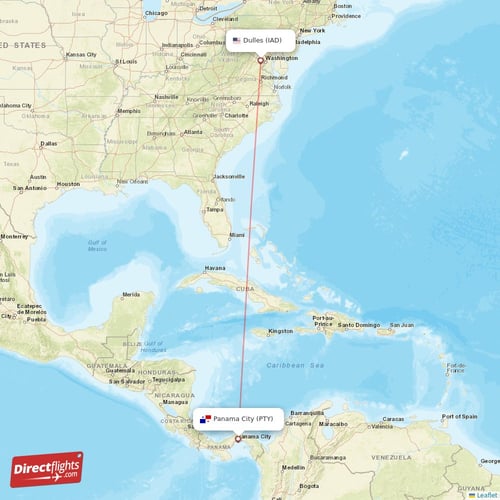 Dulles - Panama City direct flight map