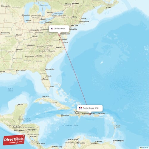 Dulles - Punta Cana direct flight map