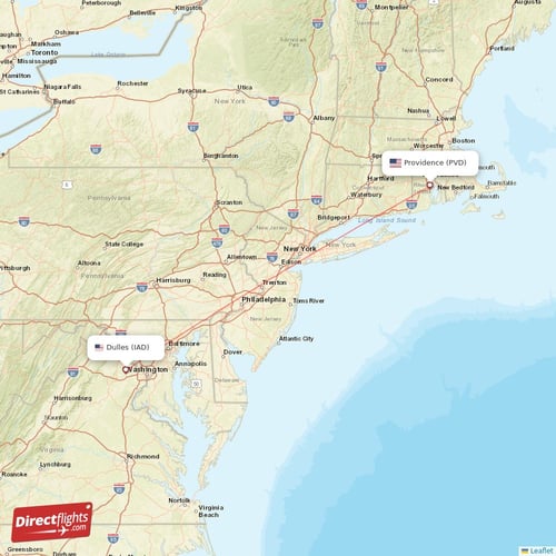 Dulles - Providence direct flight map