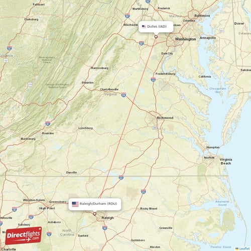Dulles - Raleigh/Durham direct flight map