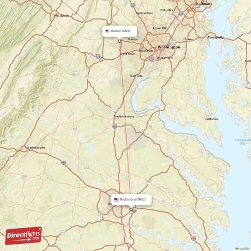 Dulles - Richmond direct flight map