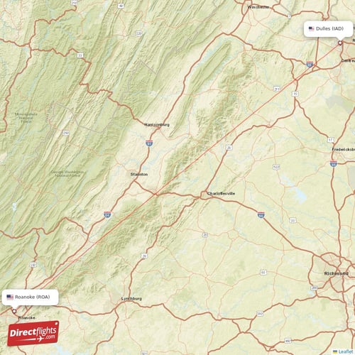 Dulles - Roanoke direct flight map