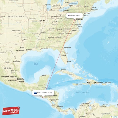 Dulles - San Salvador direct flight map