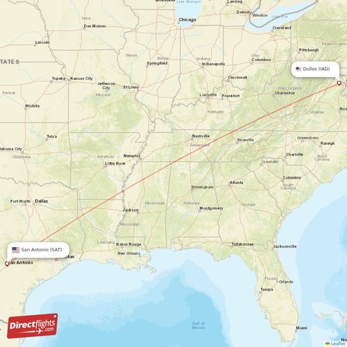 Dulles - San Antonio direct flight map