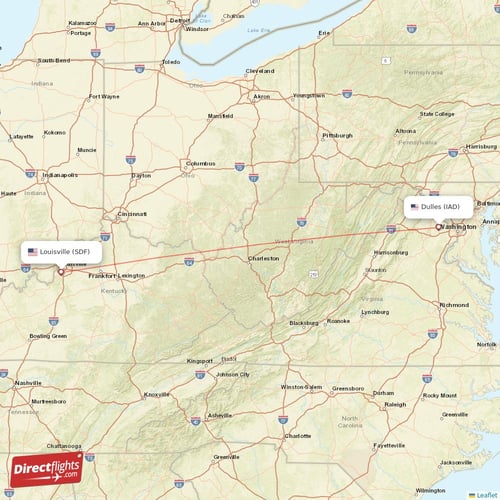 Dulles - Louisville direct flight map