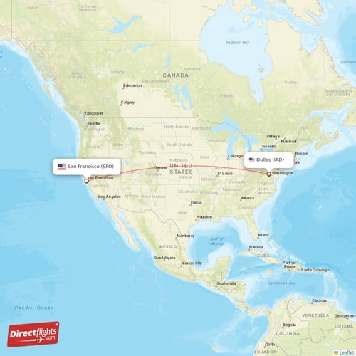 Dulles - San Francisco direct flight map