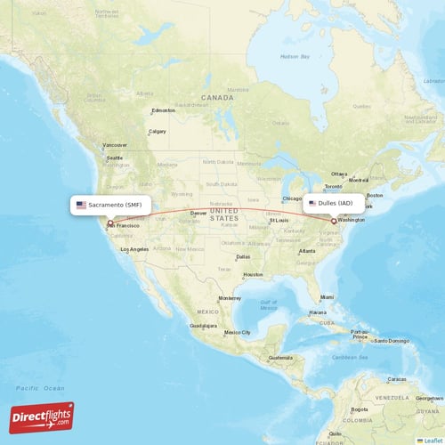 Dulles - Sacramento direct flight map