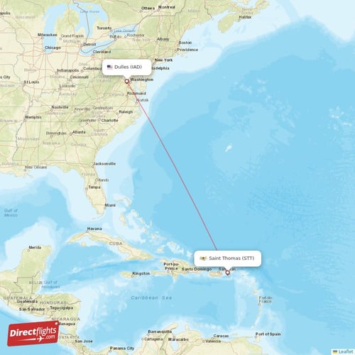 Dulles - Saint Thomas direct flight map
