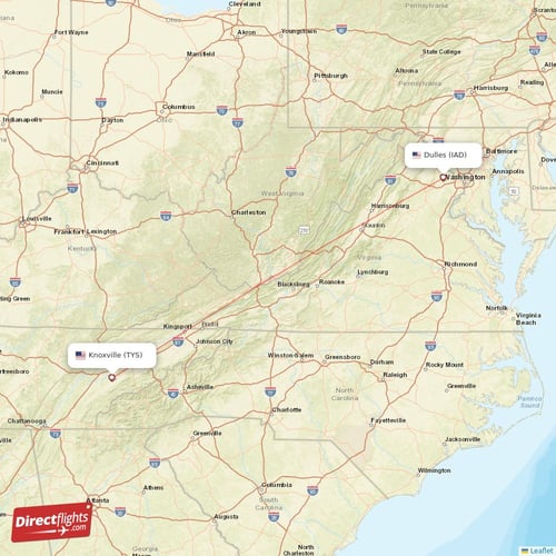 Dulles - Knoxville direct flight map