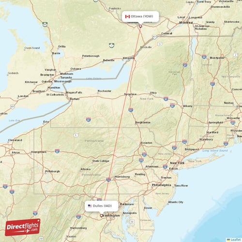 Dulles - Ottawa direct flight map