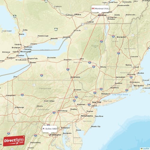 Dulles - Montreal direct flight map