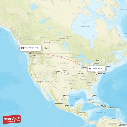 Dulles - Vancouver direct flight map