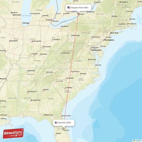 Niagara Falls - Orlando direct flight map