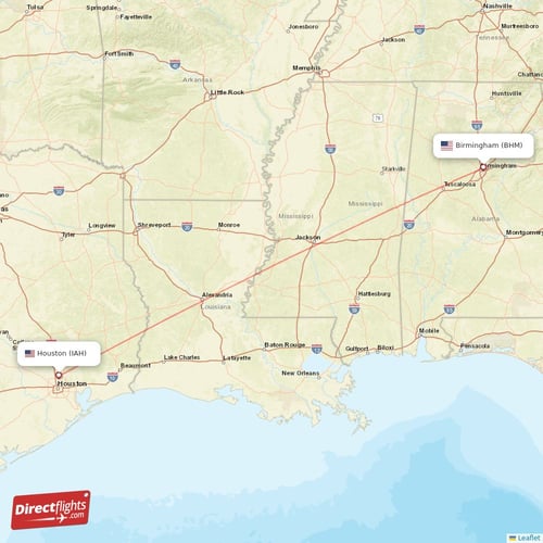 Houston - Birmingham direct flight map