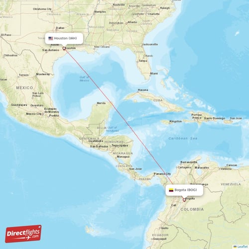 Houston - Bogota direct flight map