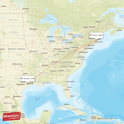 Houston - Boston direct flight map