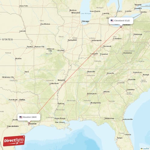 Houston - Cleveland direct flight map