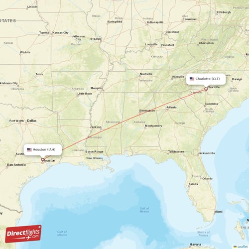 Houston - Charlotte direct flight map