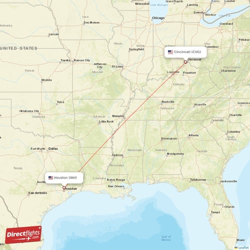 Houston - Cincinnati direct flight map