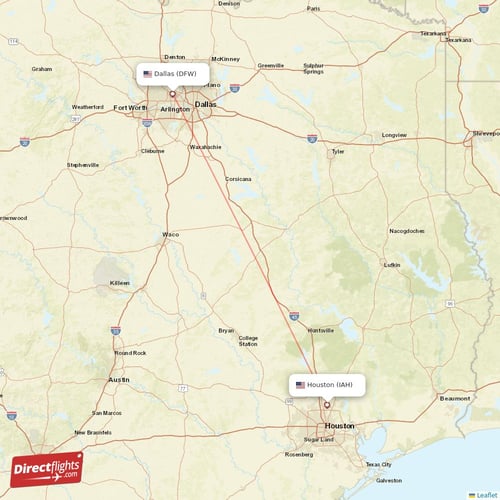 Houston - Dallas direct flight map