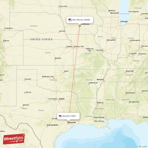 Houston - Des Moines direct flight map