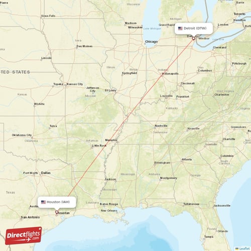 Houston - Detroit direct flight map