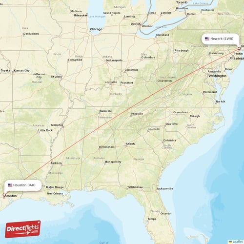 Houston - New York direct flight map