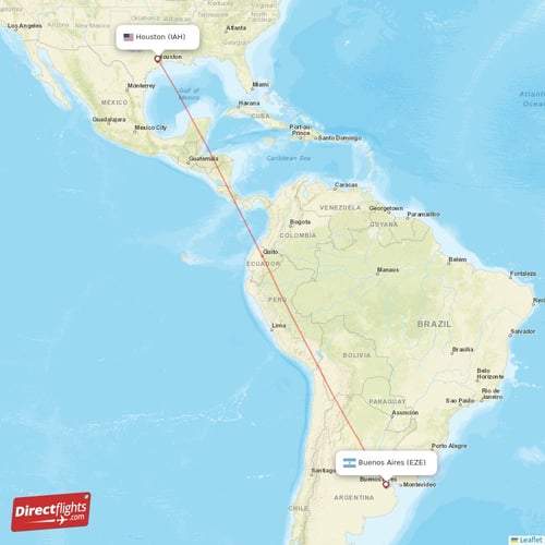 Houston - Buenos Aires direct flight map