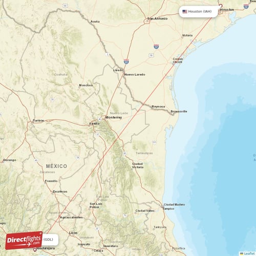 Houston - Guadalajara direct flight map