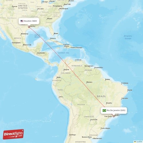 Houston - Rio De Janeiro direct flight map